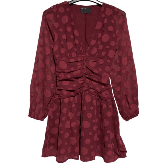 New ASOS Design V-Neck Ruched Waist Long Sleeve Skater Mini Dress Oxblood Size 0 - Picture 1 of 16
